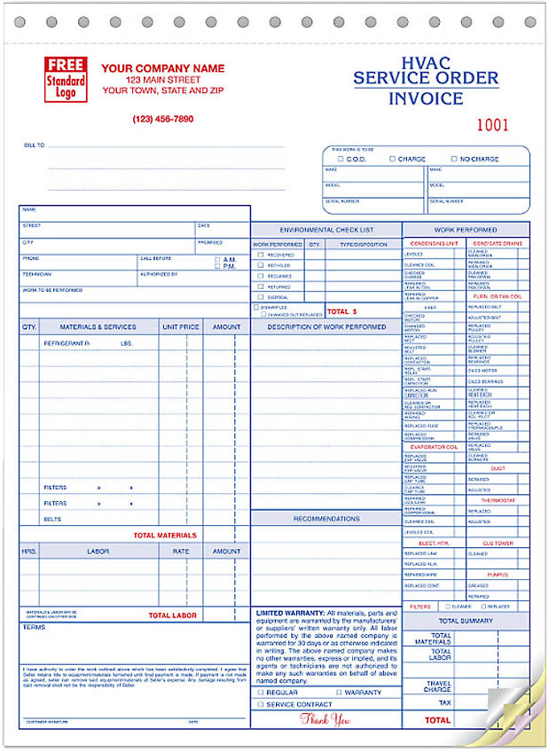 HVAC service order invoices - Form 6501